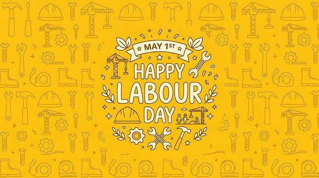 Labour day greeting card design with construction tools and equipment icons on yellow background with stylized text yellow