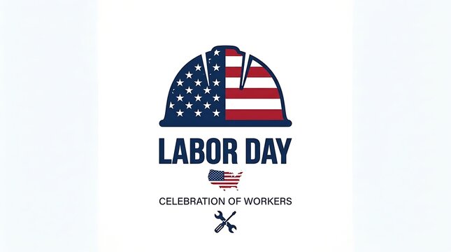 Labor day graphic design featuring a hard hat with american flag pattern and tools on white background with graphic displays construction