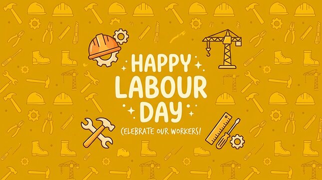 Labour day celebration graphic with construction tools and equipment icons on a yellow background with background repeating professional