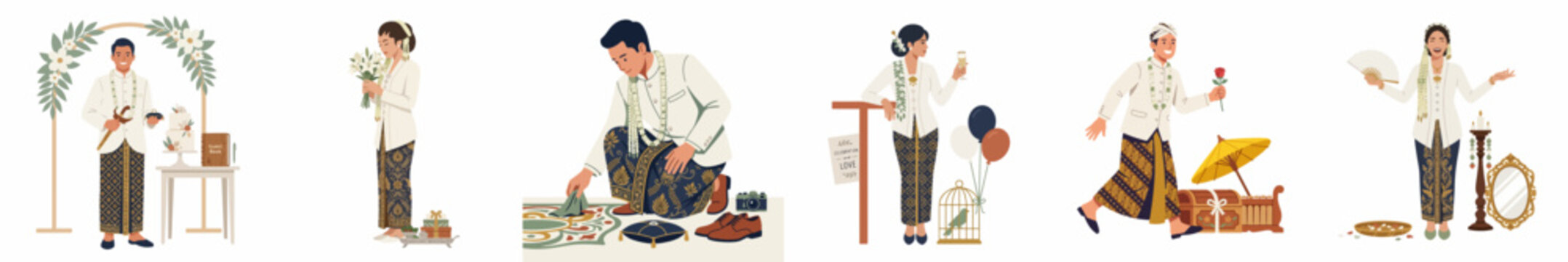 Set of minimalist illustrations featuring Indonesian people in traditional Javanese wedding costumes and cultural settings on a white background.