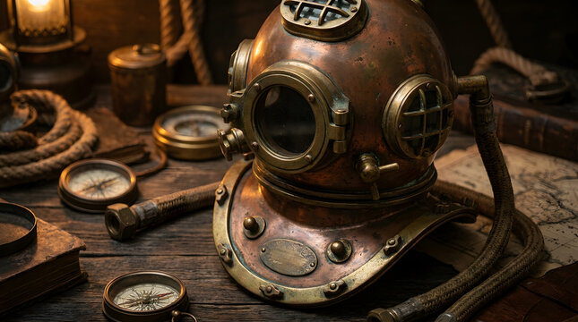 Vintage Deep Sea Diving Helmet on Wooden Table with Nautical Antiques