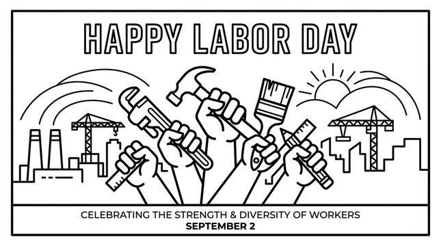 Labor day greeting card illustration with outline hands holding construction tools and industrial buildings in background with against backdrop industrial