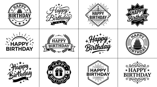 Set of twelve black and white happy birthday labels and badges with decorative typography and various graphic elements on white background
