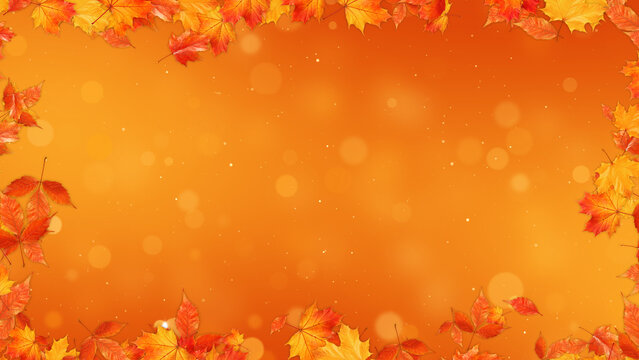 Autumn Maple Leaves Border Frame with Bokeh Lights ,Orange Fall Foliage Thanksgiving and Halloween Videos Sreams social media background