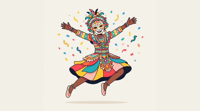 A vibrant flat design illustration of a joyful MassKara Festival dancer in mid-jump, adorned with a smiling mask and colorful costume. 
