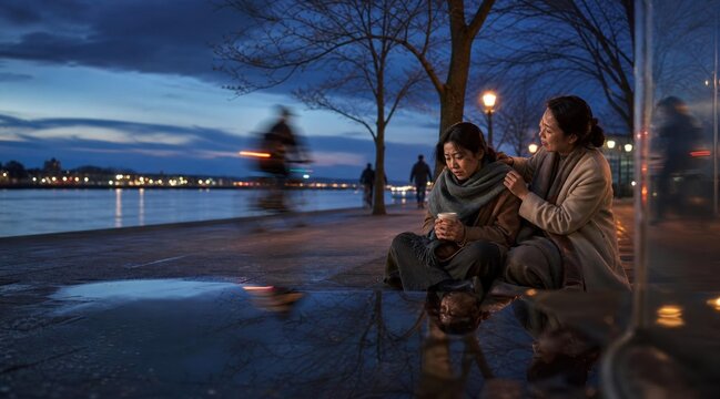 Two women sharing a warm drink by the river at twilight urban setting