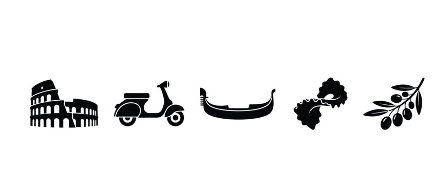 Italian Travel Silhouette Icons , Colosseum, Vespa, Gondola & Olive Branch