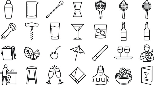 Bar accessories and cocktail making equipment line art vector icons set with shaker jigger strainer glassware and ingredients layout