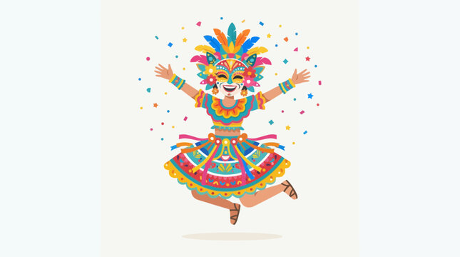 A vibrant flat design illustration of a joyful MassKara Festival dancer in mid-jump, adorned with a smiling mask and colorful costume. 