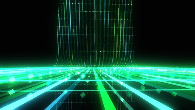 Neon green pathways bend along a perspective grid horizon in a high-speed 3D animation background loop for gaming apps and cyberspace UI
