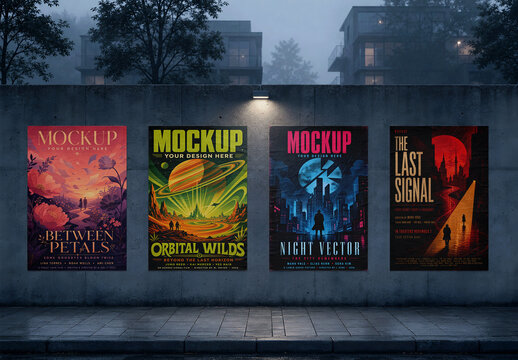 Four Posters Foggy Cinematic Blue Mockup