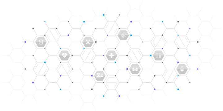 Medical background and healthcare technology with flat icons and symbols. Concept and idea for health care business, innovation medicine, health safety, science, medical research, and development.