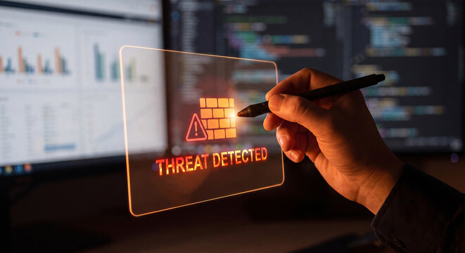 hand points stylus at translucent panel with warning triangle icon firewall graphic and threat detected label