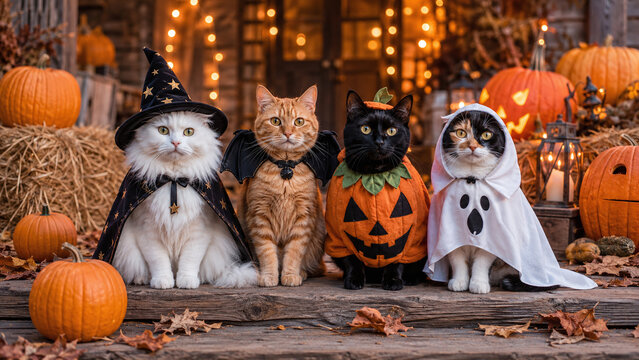 Group of four cute cats in Halloween costumes - witch, bat, pumpkin, and ghost - sitting on a festive porch with glowing jack-o'-lanterns and autumn leaves at night.