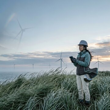 Woman with helmet using mobile device on grassy hilltop near wind turbines