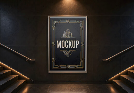 Framed Poster Lateral Stairs Charcoal Night Mockup