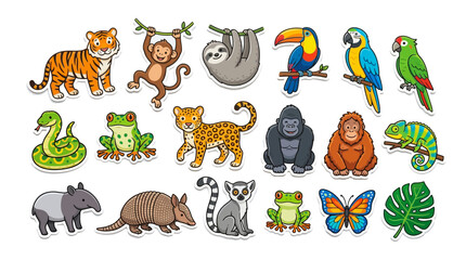 Naklejka premium Collection of colorful animal illustrations featuring jungle and rainforest creatures
