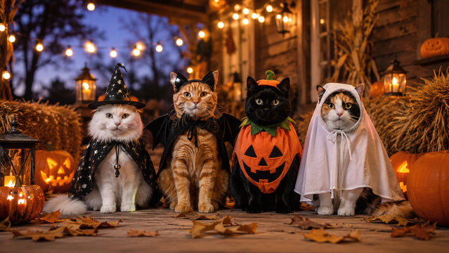 Group of four adorable cats in Halloween costumes including witch, bat, pumpkin and ghost, sitting on a decorated porch with glowing pumpkins and festive lights at night. Cozy holiday concept.