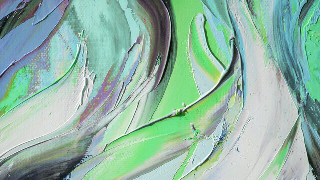 Closeup of a painting by oil and palette knife. Highly-textured, high quality details. Fragment of multicolored texture painting. Abstract art background. oil on canvas. Rough brushstrokes of paint.