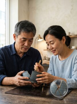 Couple crafting pottery together in a cozy workspace atmosphere with natural light