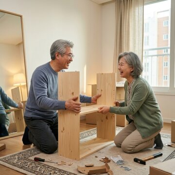 Senior couple assembling furniture together in a cozy living room setting