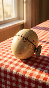 Vintage Egg Shaped Kitchen Timer on Red and White Gingham Tablecloth