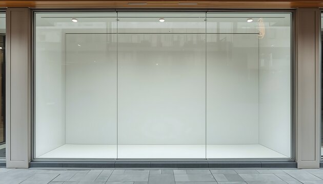 An empty, modern storefront with large glass windows and a minimalist white interior awaits new tenants or displays.