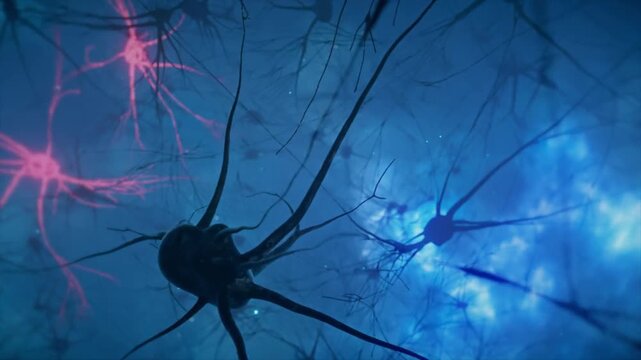 A video showcasing a neuron cell with glowing red connections in a dark blue background