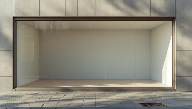 An empty storefront with a large glass window and neutral interior, ready for product display.