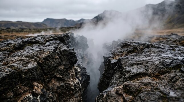 Steam Emanates from Cracked Lava Rock in a Volcanic Landscape with Dramatic Clouds
