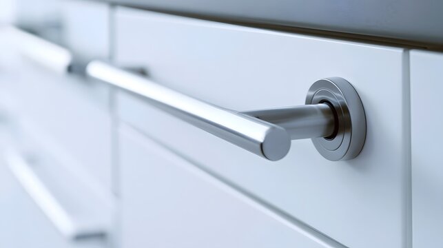 Modern minimalist drawer handles on sleek white cabinetry with metallic finish and clean lines in a contemporary kitchen setting