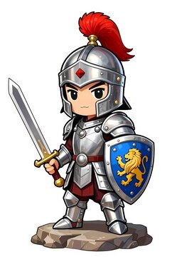 Cute chibi knight character in silver armor holding sword and lion crest shield isolated on white