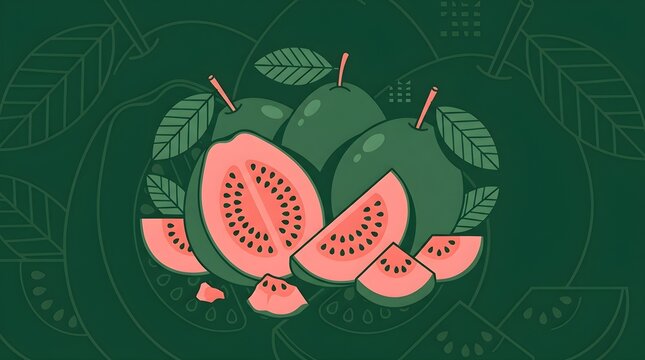 Minimalist guava fruit illustration with green whole fruits and pink slices over dark green backdrop for branding.