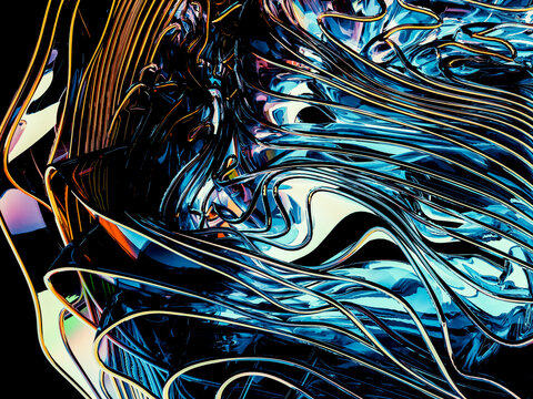 Abstract sculpture featuring twisting reflective metal ribbons