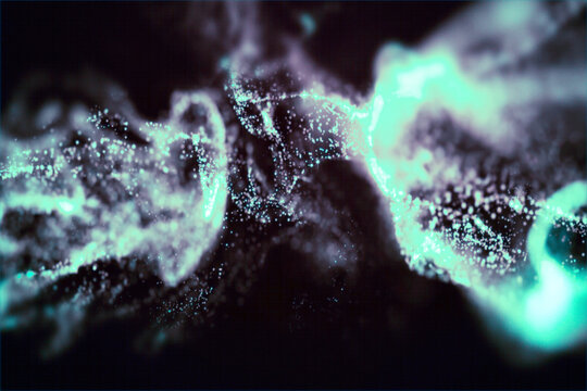 A close-up view of glowing blue digital particles creating flowing
