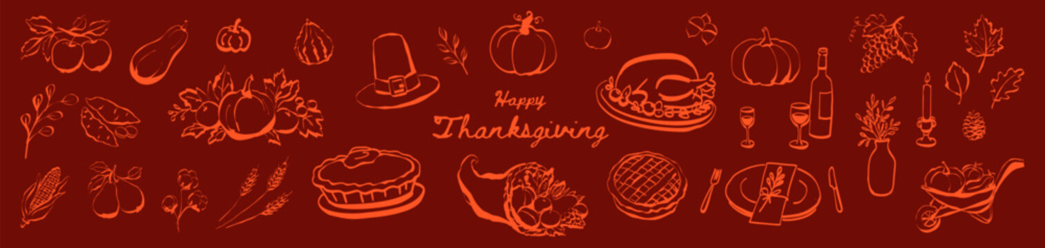 Thanksgiving set icons harvest, turkey, pumpkin pie seasonal decorations autumn feast