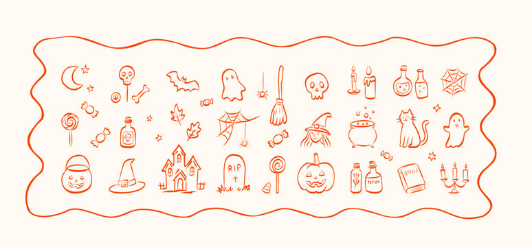 Whimsical Halloween set doodle collection ghosts, bats, pumpkins, skulls, and candles