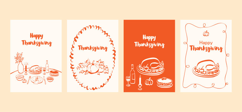 Whimsical Thanksgiving set card designs featuring festive holiday dinner themes