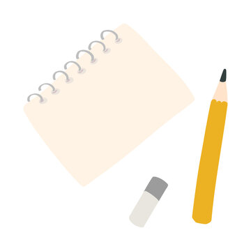 Minimalist notebook with pencil and eraser on white background