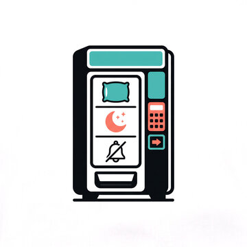 Sleep and relaxation vending machine icon dispensing pillow, night moon, and silence symbols, vector flat illustration