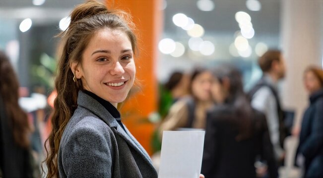 Young Woman Holding Folder at Business Networking Event