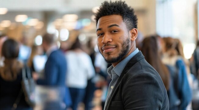 Smiling Businessman Standing in Busy Trade Show Hall