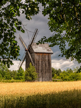 Rustic Wooden Windmill Standing in Golden Wheat Field Framed by Green Trees Under Stormy Sky