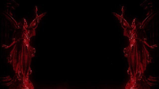 Symmetrical red digitalized angels stand on opposite sides of a dark gothic scene.