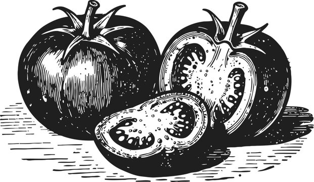Vintage engraved tomato illustration whole and sliced vegetable detailed black and white drawing