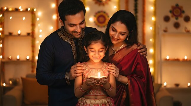 Happy indian family holding a lit diya for diwali
