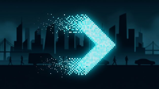 Digital Motion Arrow Rightward Direction Indicator with Pixel Breakdown Transition Effect Silhouette Design Background arrow pixel dissolve transition silhouette direction progress movement digital