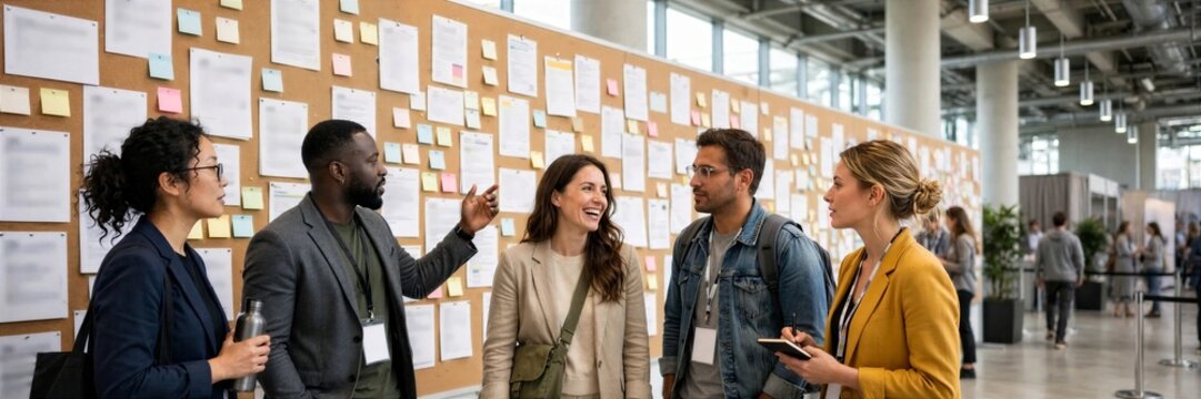 Business Networking Group Talking Near Poster Wall