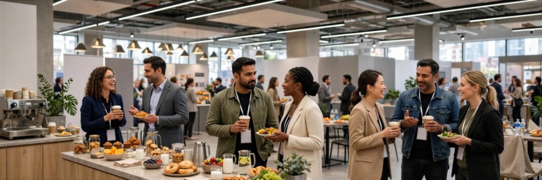 Colleagues Networking Around Refreshment Table at Conference