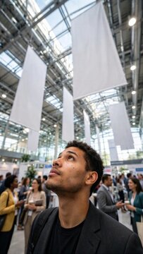 Man Looking Up Inside Bright Conference Atrium